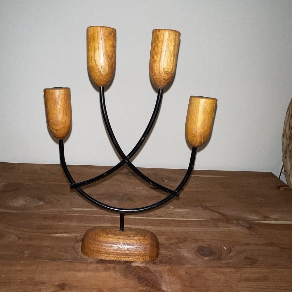 Mid-century modern candelabra, Candlestick crafted teak wood metal Candles